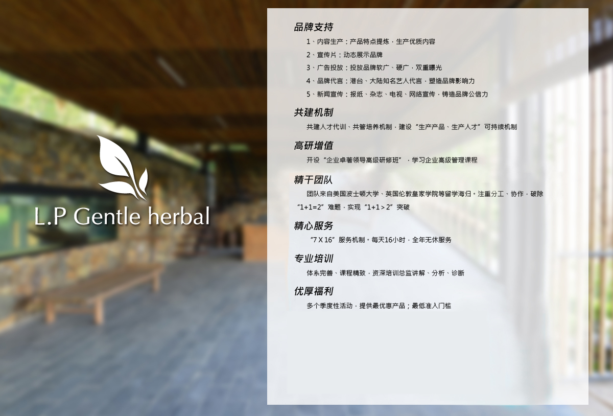 品牌支持:1、内容生产：产品特点提炼，生产优质内容  2、宣传片：动态展示品牌 3、广告投放：投放品牌软广、硬广，双重曝光 4、品牌代言：港台、大陆知名艺人代言，塑造品牌影响力 5、新闻宣传：报纸、杂志、电视、网络宣传，铸造品牌公信力。共建机制：共建人才代训、共管培养机制，建设“生产产品、生产人才”可持续机制。高研增值：开设企业卓著领导高级研修班，学习企业高级管理课程